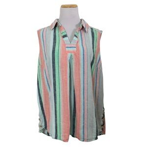 Zac & Rachel Woman Linen Blend Sleeveless Tank Top Womens 1X Striped Collared